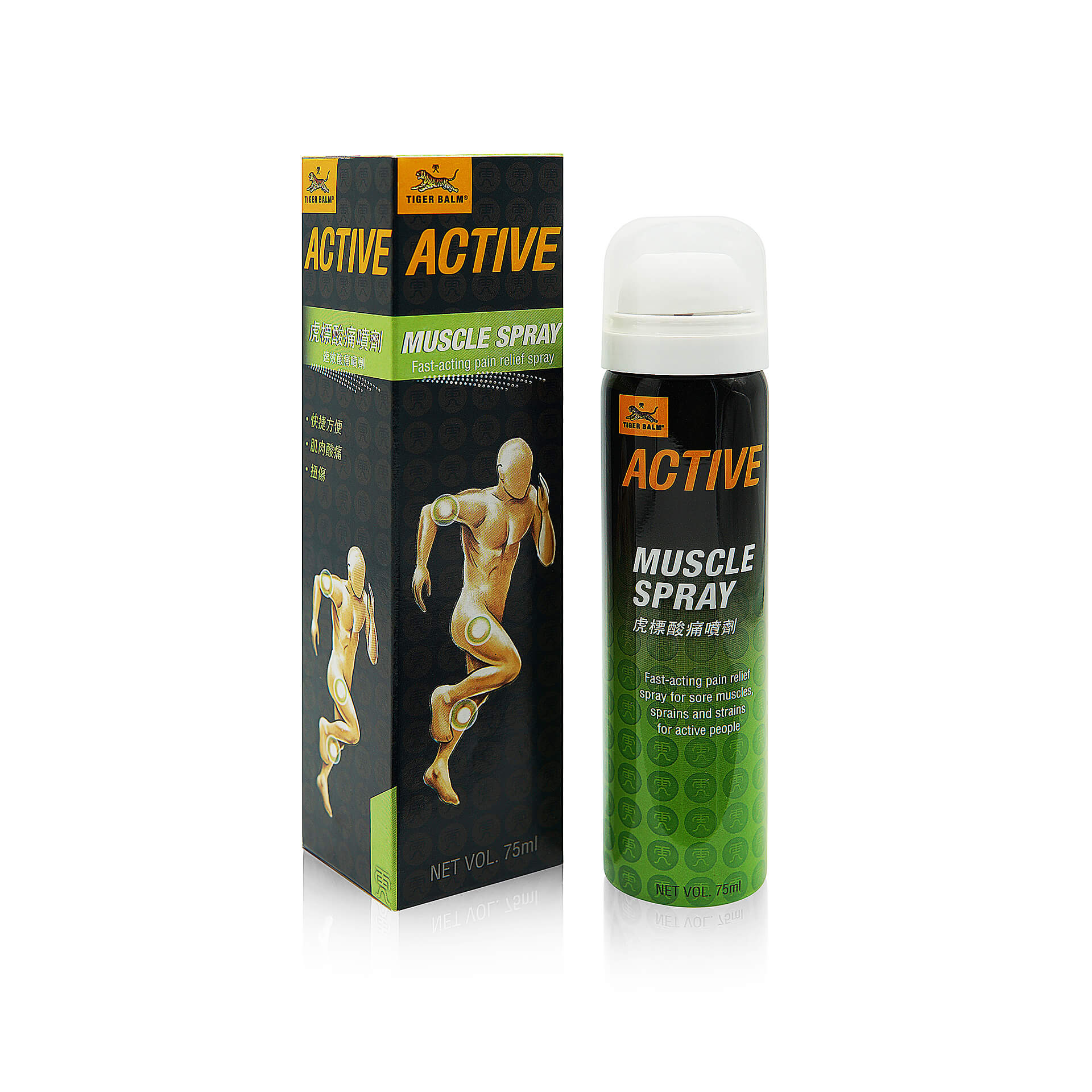 Tiger Balm Active Muscle Spray - Product View: Discover the convenience of Tiger Balm's Active Muscle Spray for relief.